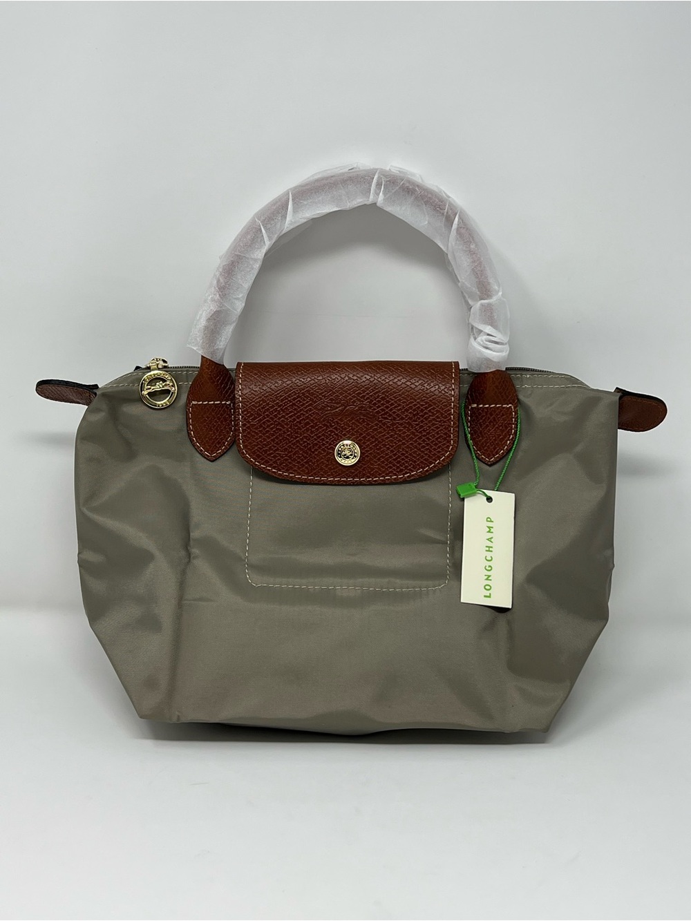 Longchamp Le Pliage Small Top Handle Bag Olive Taupe Brown Leather NWT